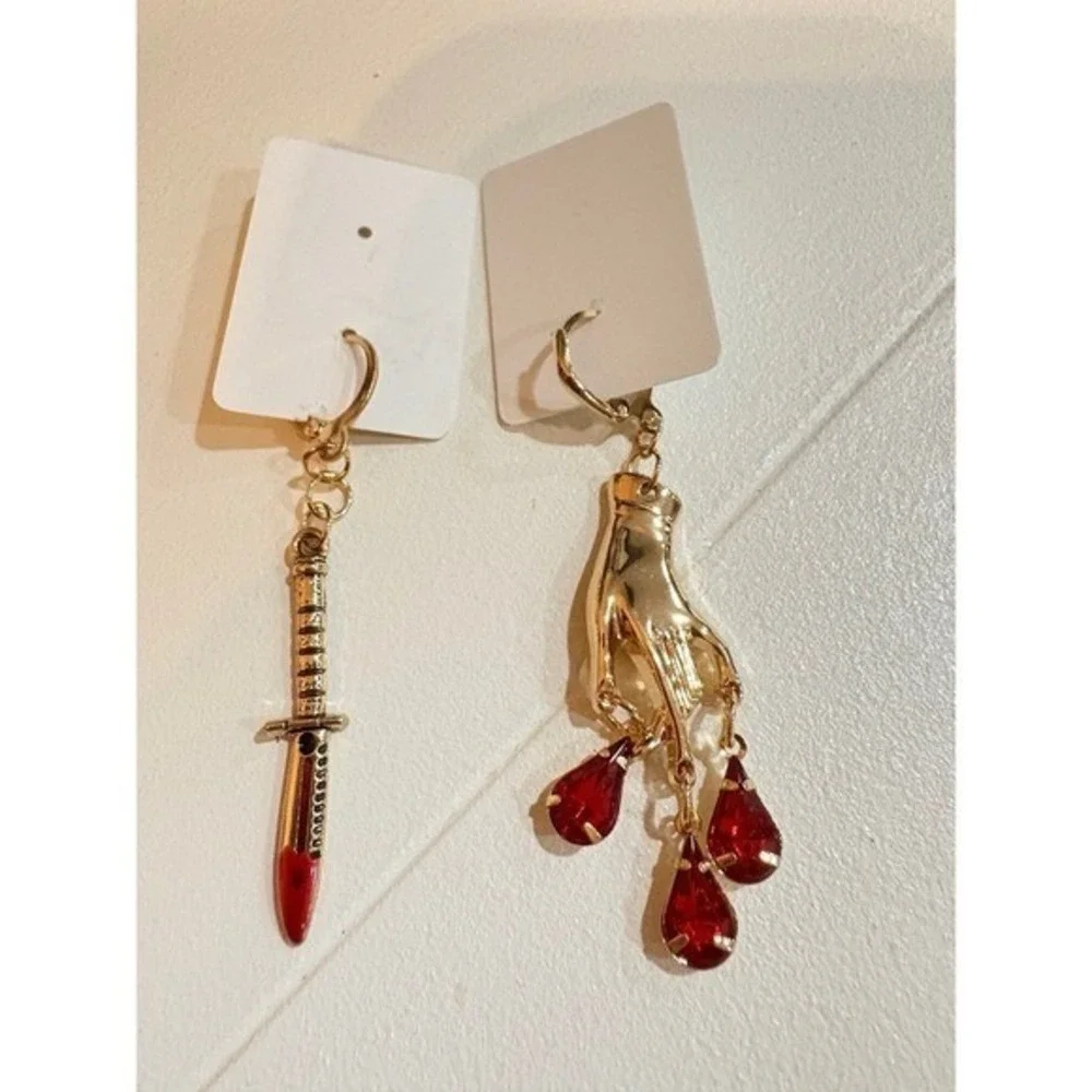 Gothic Sword & Hand Earrings – Red Crystal Asymmetrical Statement Dangle Jewelry